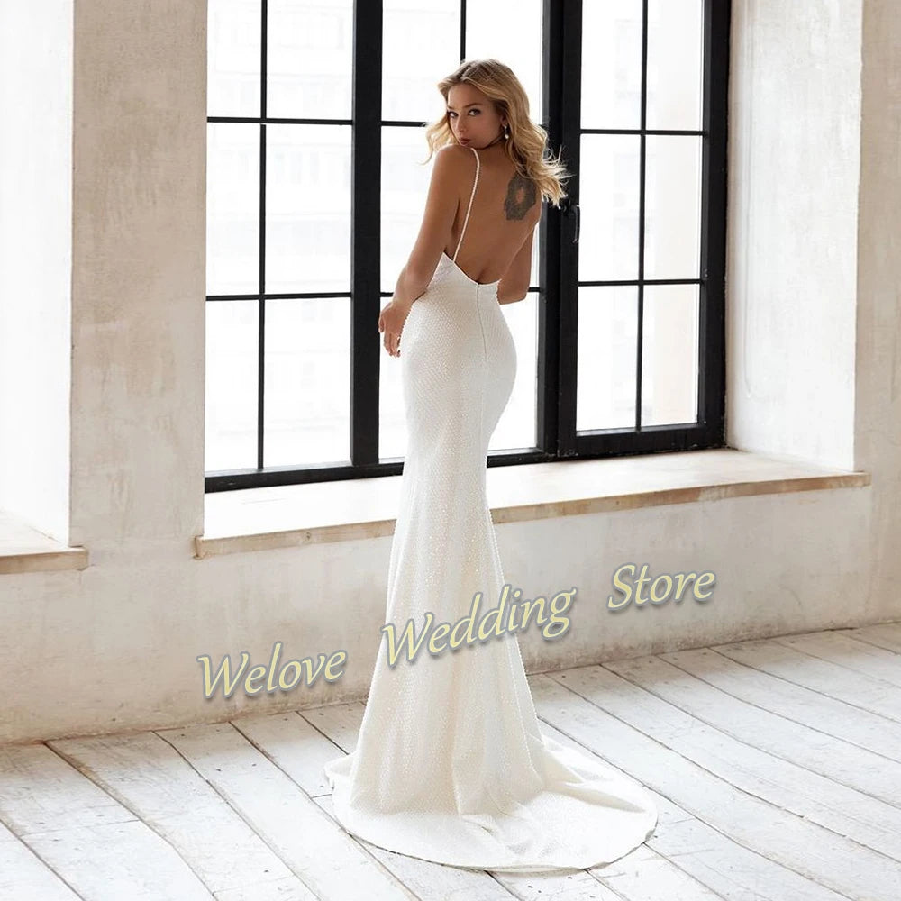 Damen Hochzeitskleid Meerjungfrau V-Ausschnitt – Brautkleid Rückenfrei Weiß