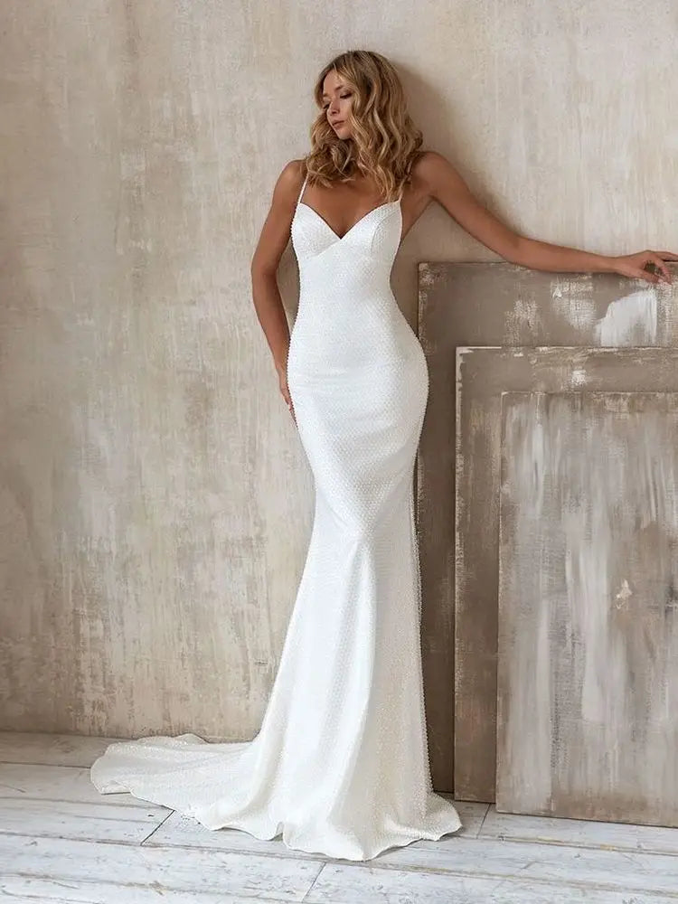 Damen Hochzeitskleid Meerjungfrau V-Ausschnitt – Brautkleid Rückenfrei Weiß