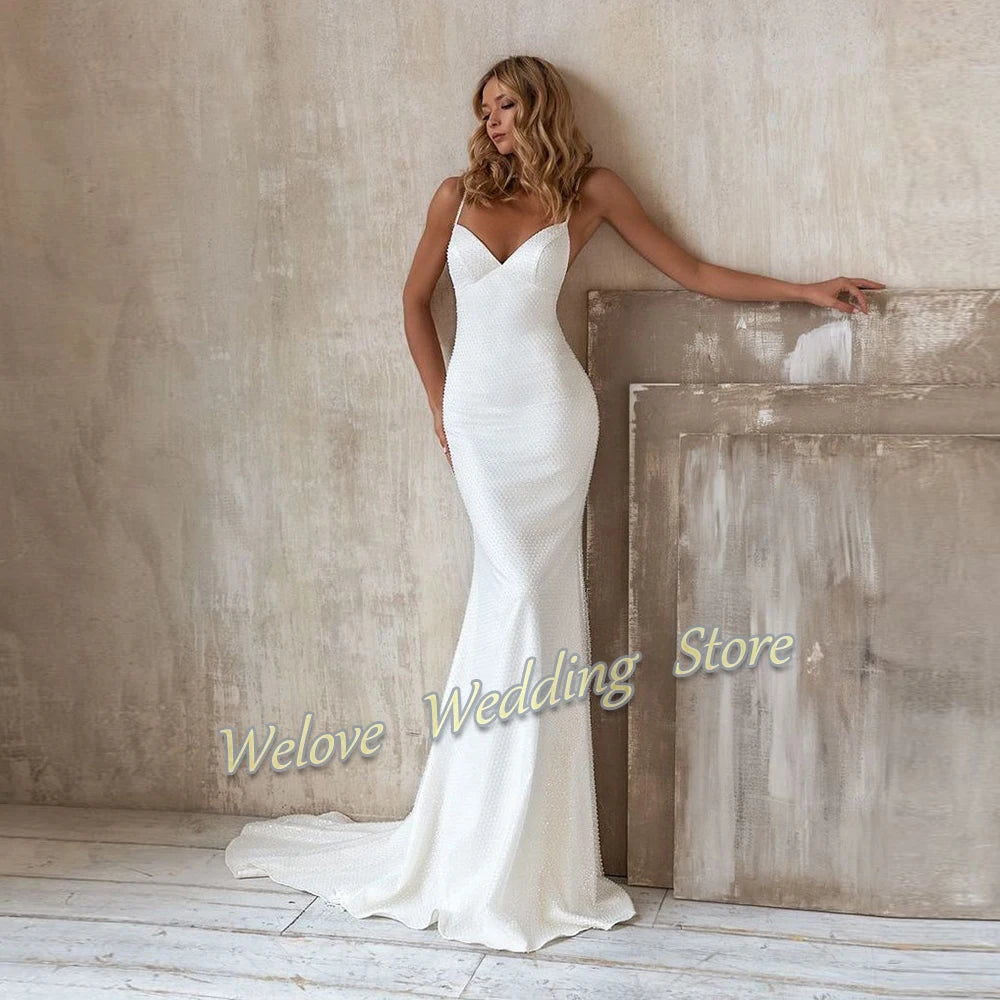 Damen Hochzeitskleid Meerjungfrau V-Ausschnitt – Brautkleid Rückenfrei Weiß