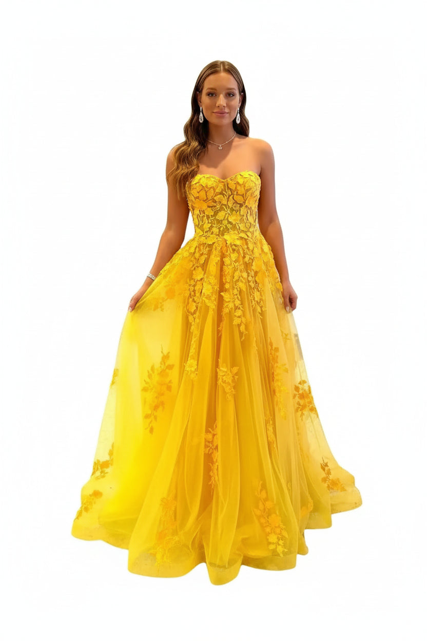 Damen Abendkleid Lang Spitze – Ballkleid A-Linie Tüll mit Schleppe