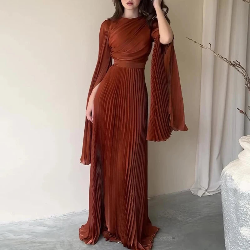 Damen Abendkleid Lang Elegant – Bodenlang Kleid High Waist mit Falten