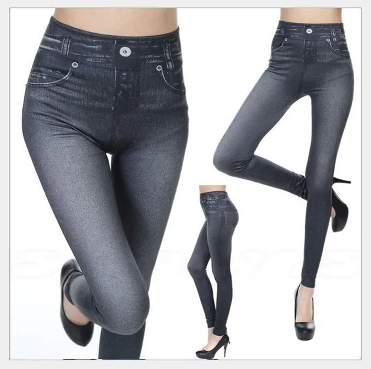Leggings effet jean pour femmes - jeggings stretch à imprimé denim