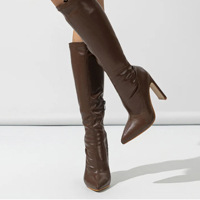 Damen Kniehohe Stiefel Spitz High Heels - Elegante Langschaftstiefel mit Reißverschluss