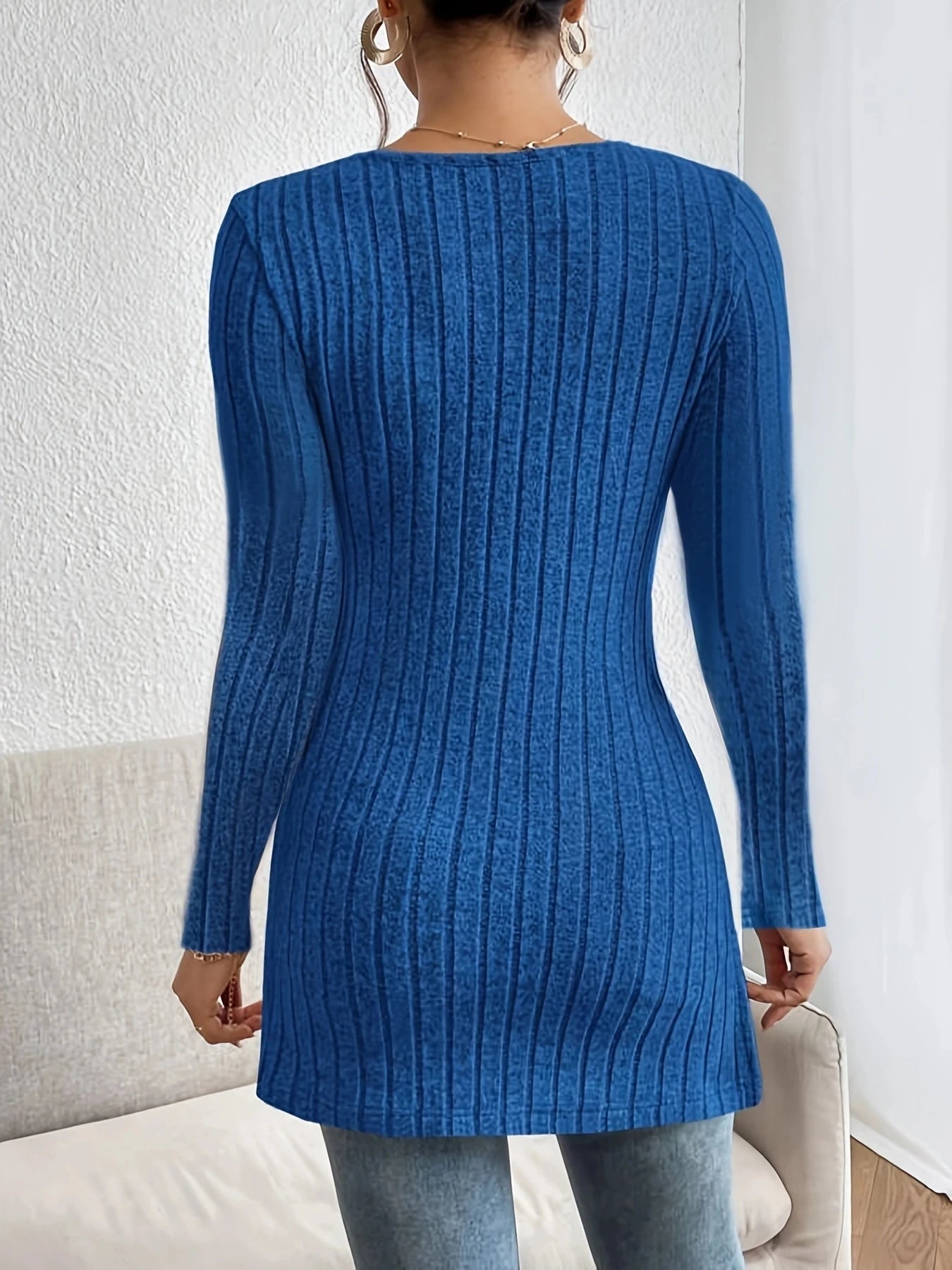 Damen Langarmshirt V-Ausschnitt – T-Shirt mit Seitenschlitzen Casual