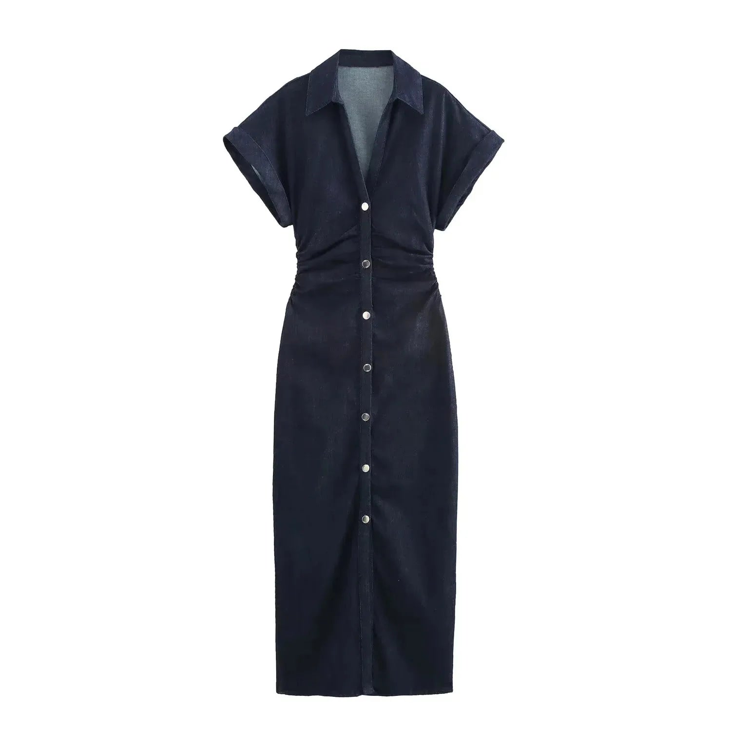 Damen Jeanskleid Midi Kurzarm – Denim Kleid Gerafft Streetwear Casual