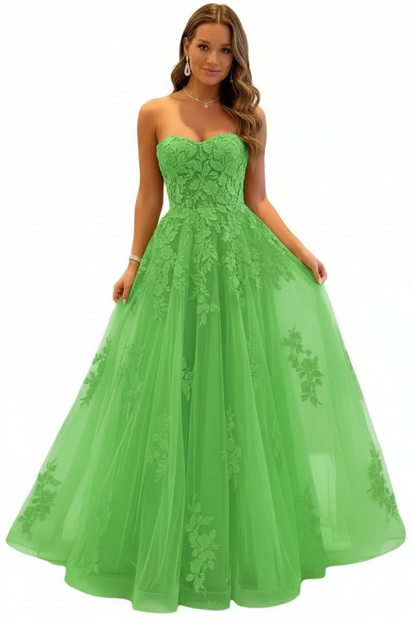 Damen Abendkleid Lang Spitze – Ballkleid A-Linie Tüll mit Schleppe