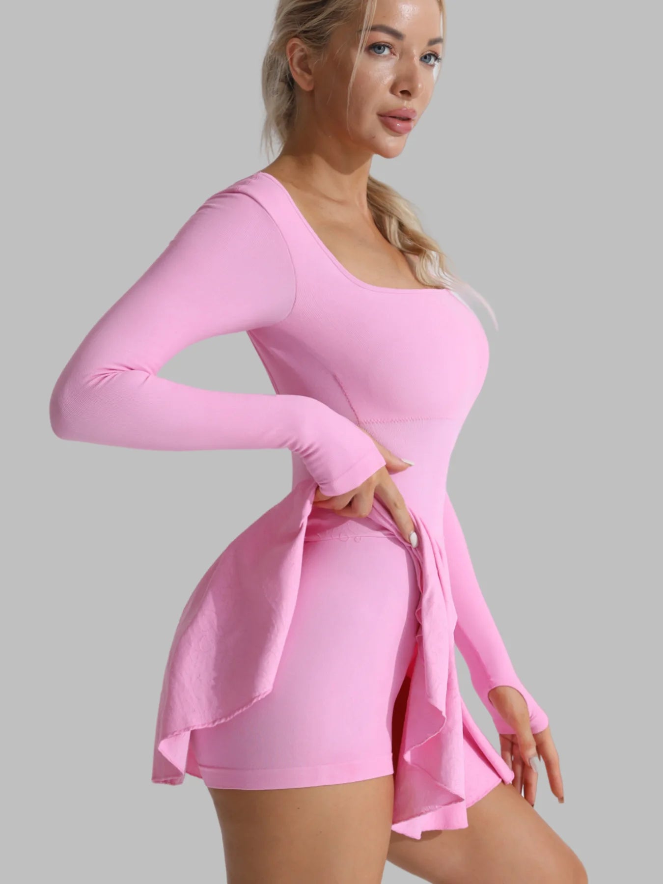 Damen Tennis Set Langarm – Sport Kleid mit Shorts Rückenfrei Sexy