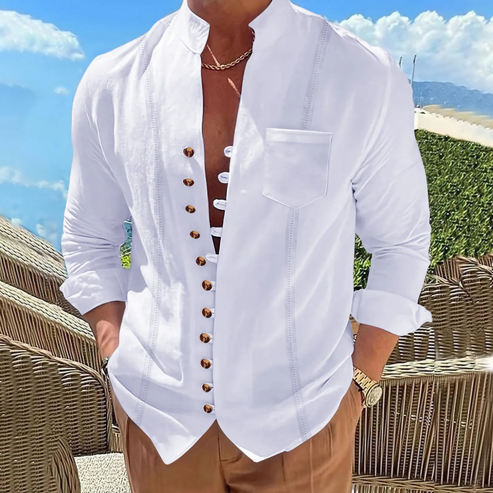 Herren Strickjacke Baumwolle Leinen – Retro Cardigan mit Stehkragen & Taschen