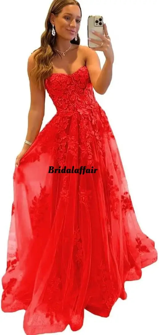 Damen Abendkleid Lang Spitze – Ballkleid A-Linie Tüll mit Schleppe