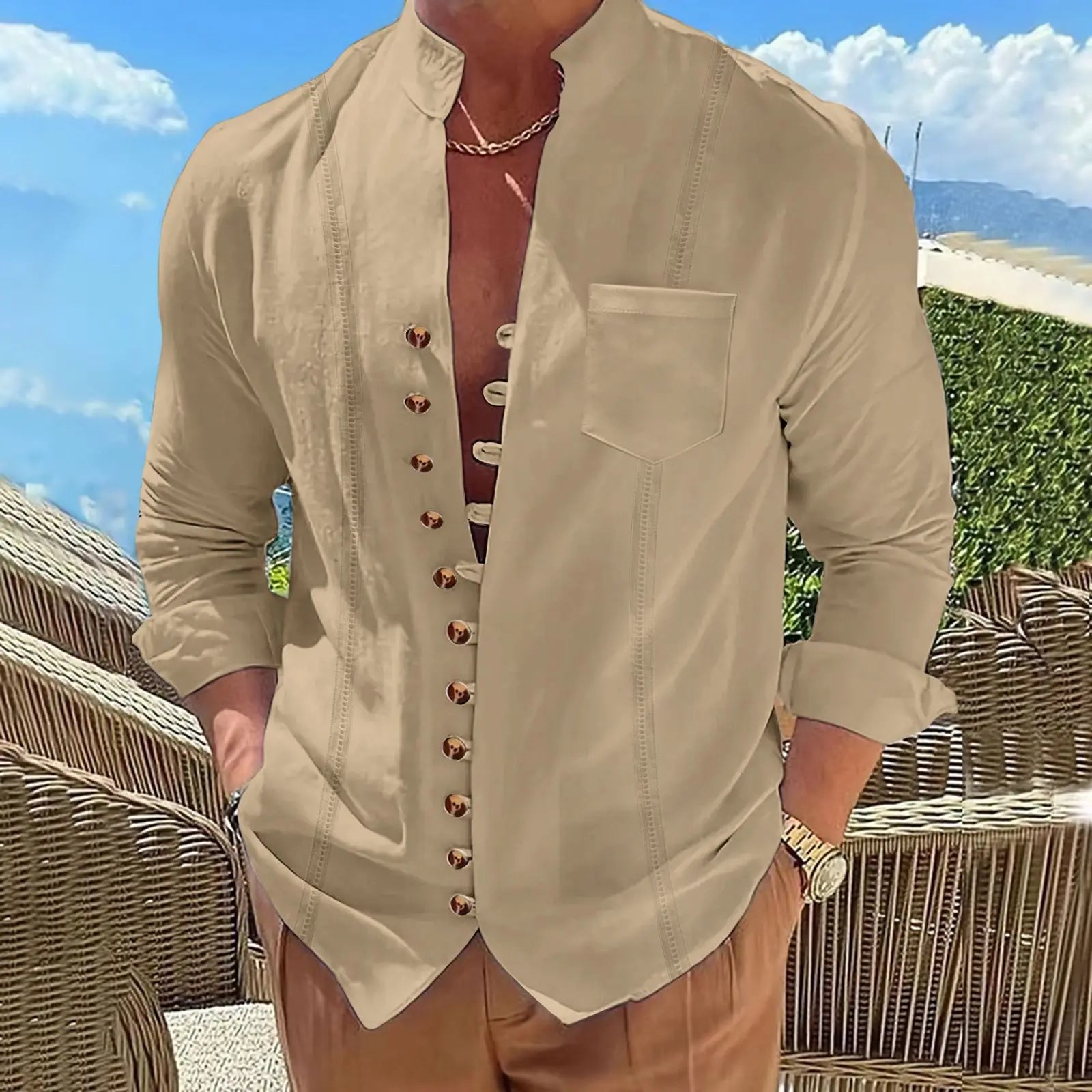 Herren Strickjacke Baumwolle Leinen – Retro Cardigan mit Stehkragen & Taschen