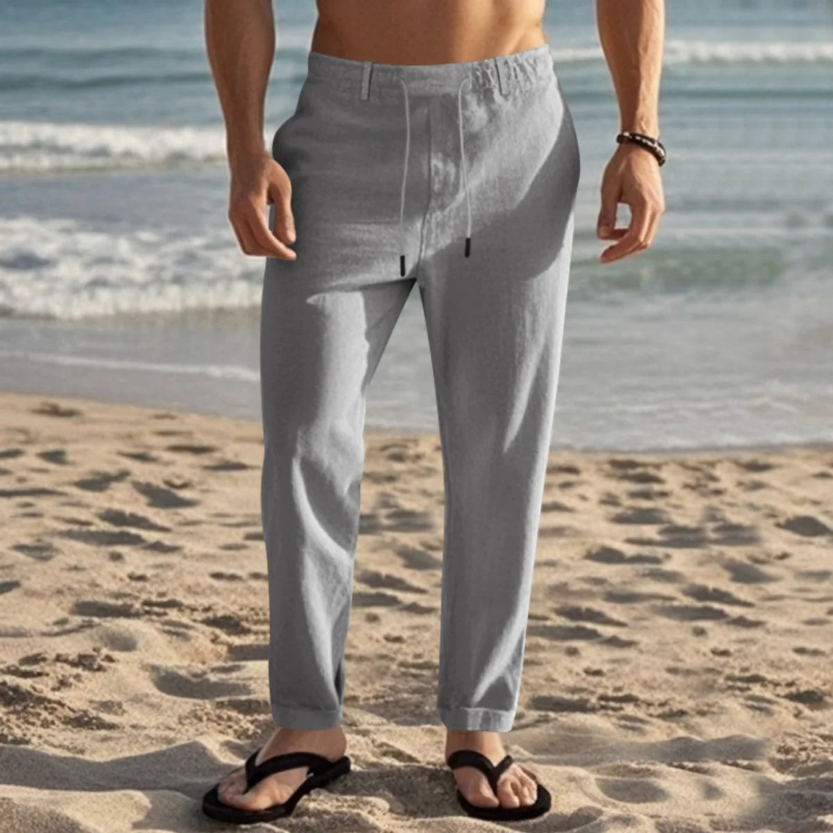 Herren Leinenhose Sommer Kordelzug – Leichte Strandhose Casual Freizeithose