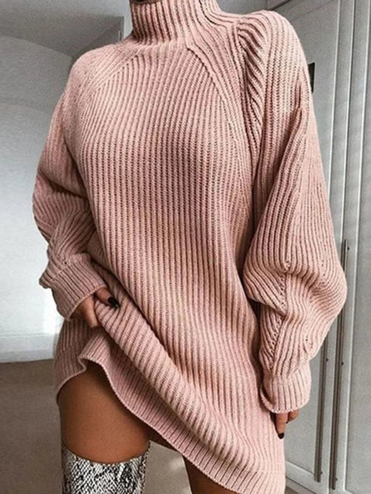 Damen Rollkragenpullover Kleid Langarm – Strickkleid Mini Casual Elegant