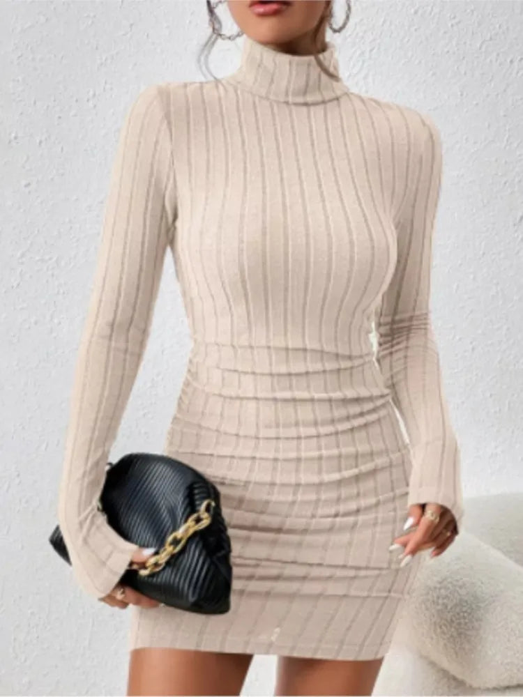 Damen Bodycon Kleid Rollkragen Langarm – Strickkleid Mini Sexy Elegant