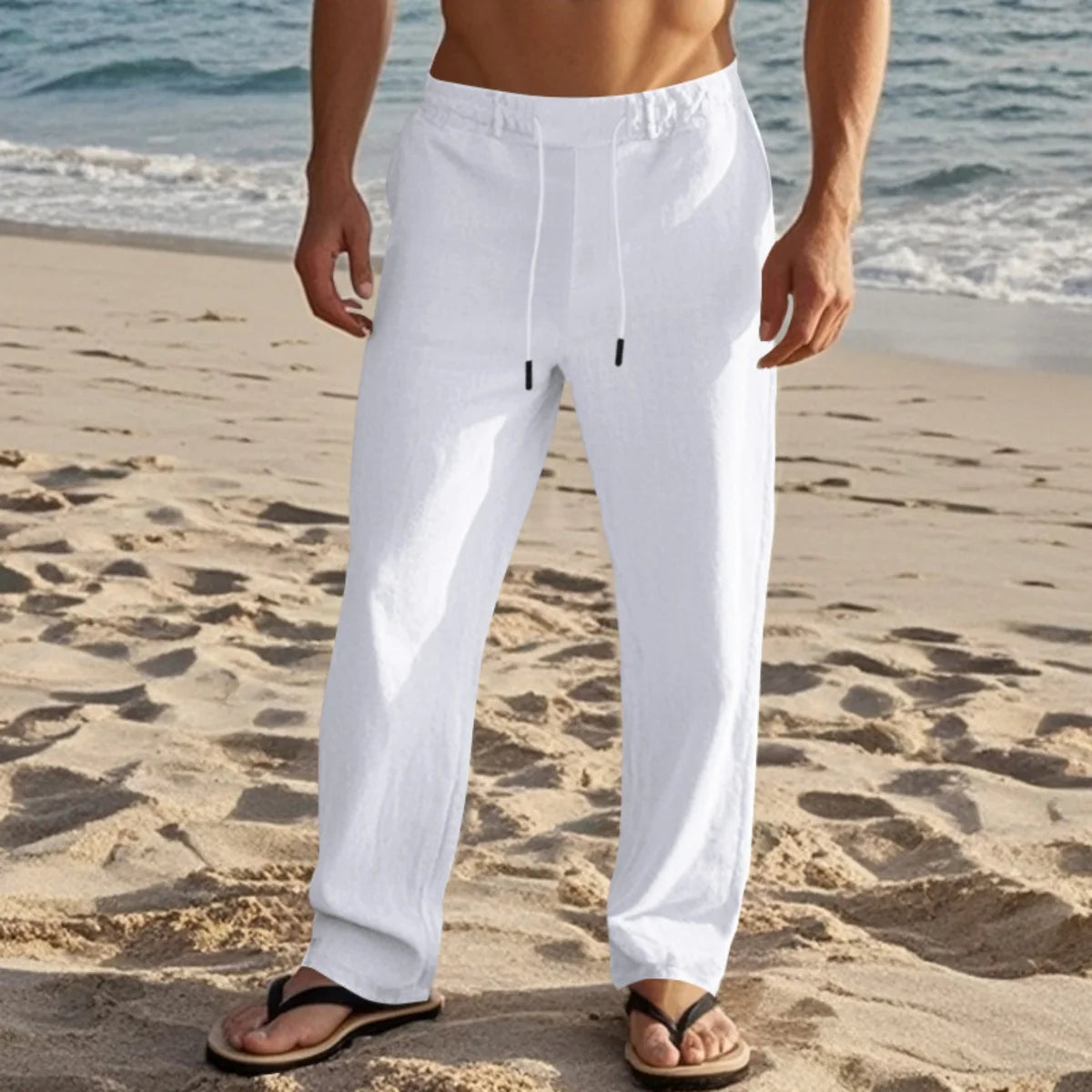 Herren Leinenhose Sommer Kordelzug – Leichte Strandhose Casual Freizeithose