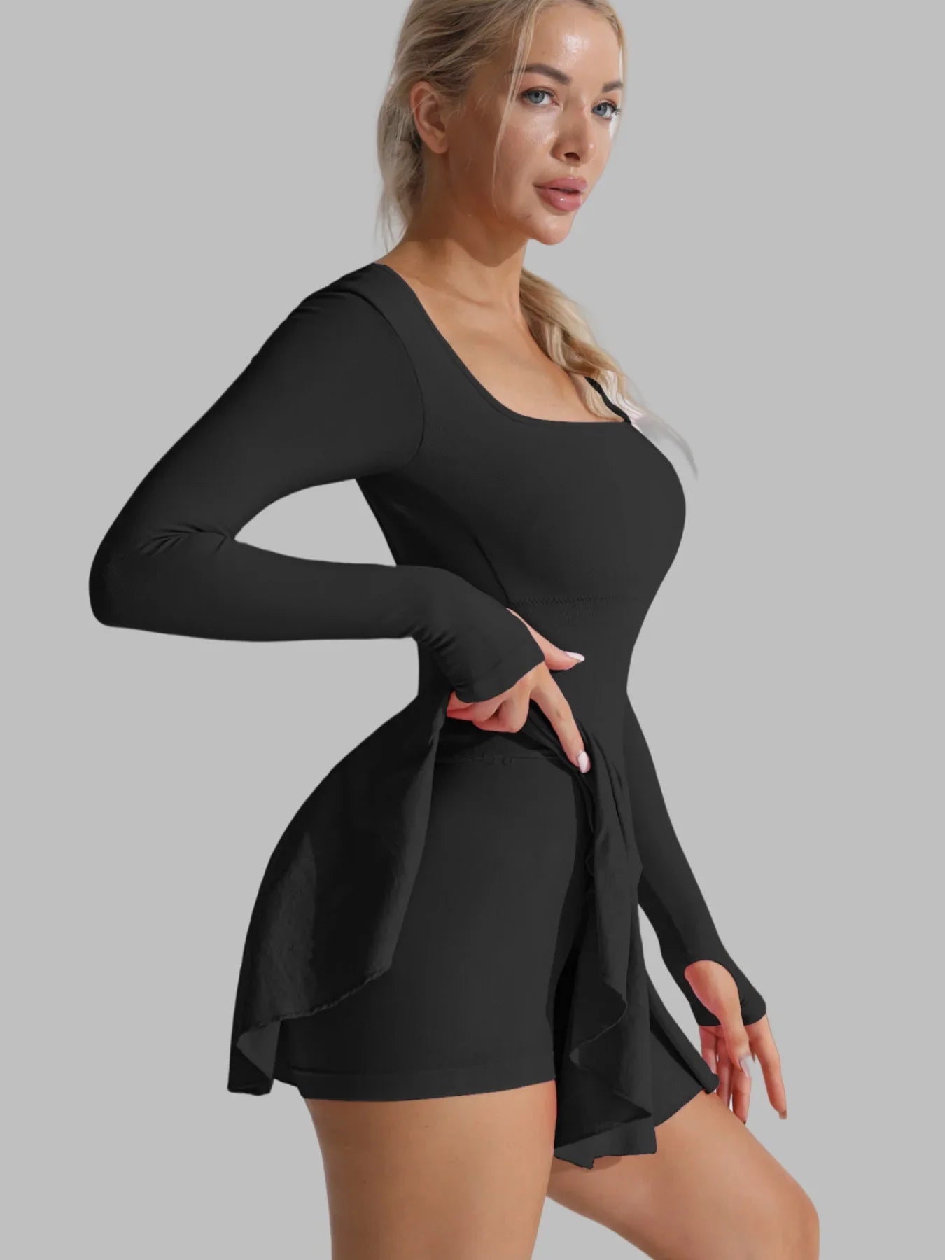 Damen Tennis Set Langarm – Sport Kleid mit Shorts Rückenfrei Sexy