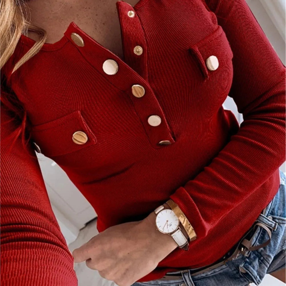 Damen Langarmshirt Strick Semi O-Neck – T-Shirt mit Knöpfen Casual
