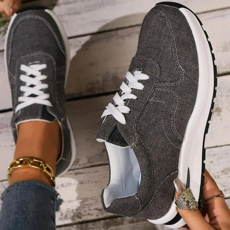 Damen Denim Plateau Sneakers - Lässige Schnür-Freizeitschuhe
