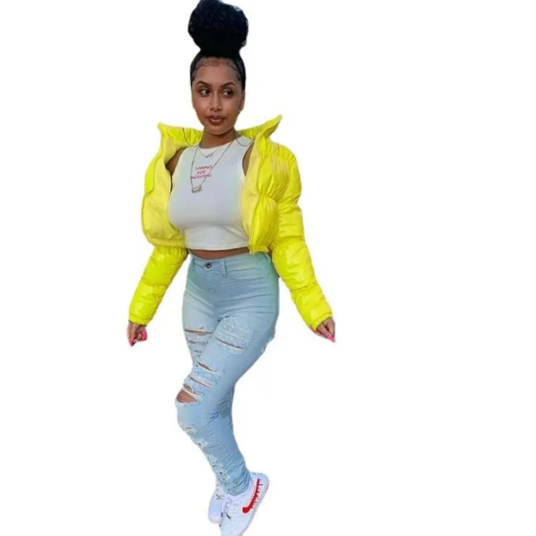 Women's Crop Puffer Jacket – Short Winter Jacket with Zipper, Cotton