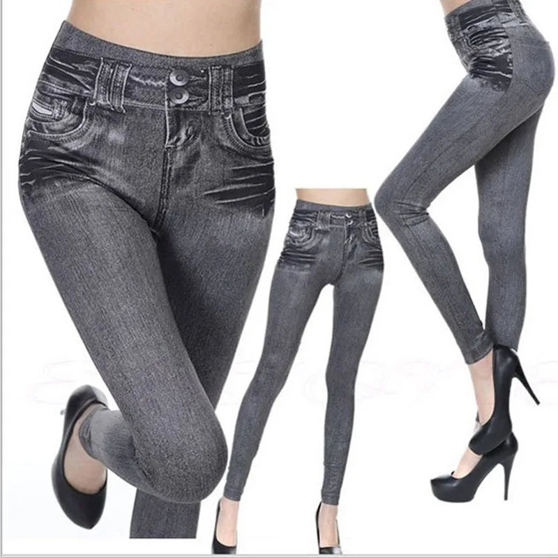 Leggings effet jean pour femmes - jeggings stretch à imprimé denim