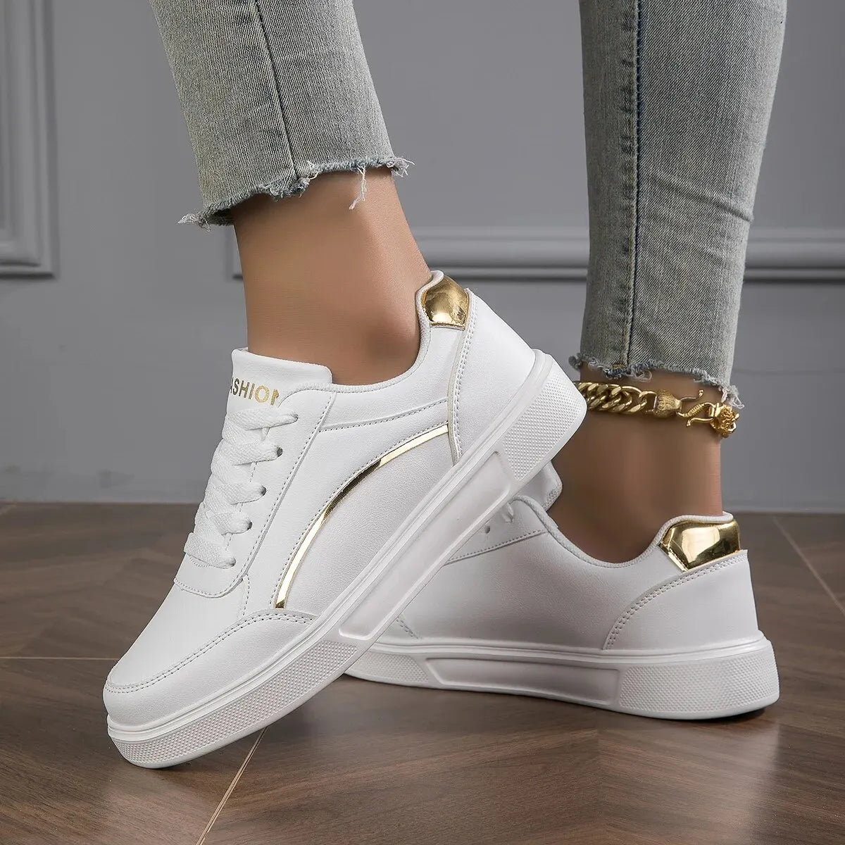 Damen Plateau Sneaker Leder – Casual Skateboard Schuhe rutschfest