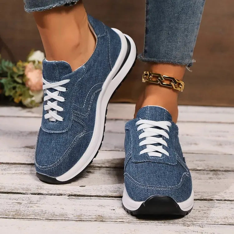 Damen Denim Plateau Sneakers - Lässige Schnür-Freizeitschuhe