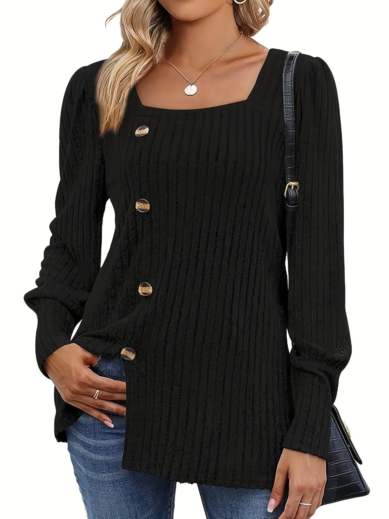 Damen Strickpullover Langarm Quadratischer Ausschnitt – Cardigan mit Knöpfen
