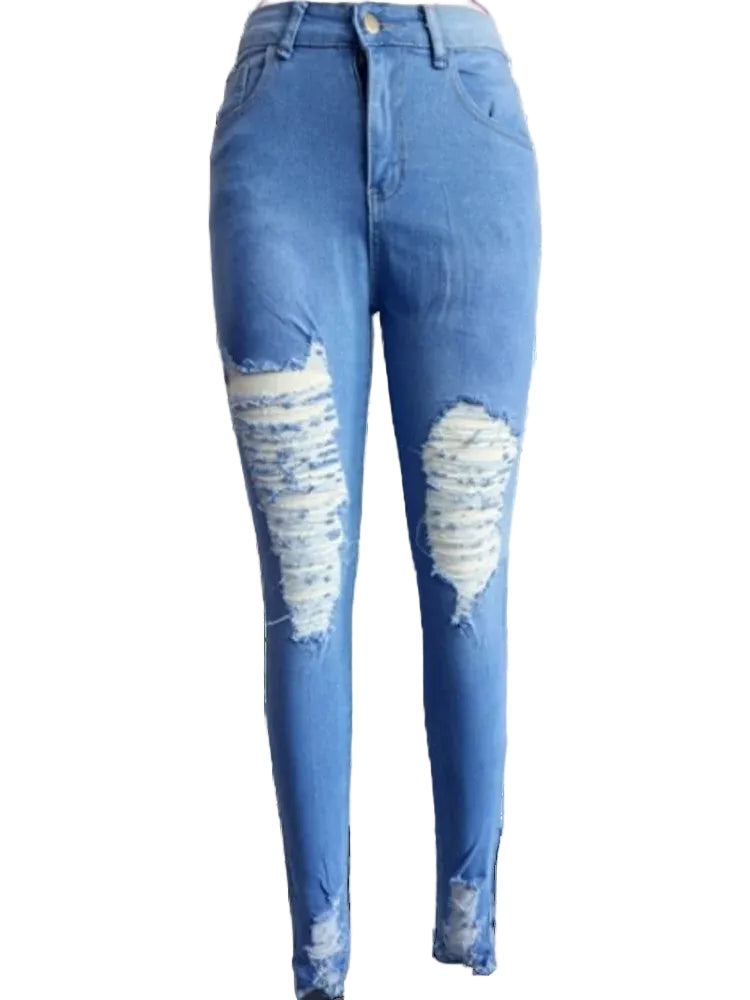 Jean taille haute déchiré pour femme – Pantalon en denim usé avec poches
