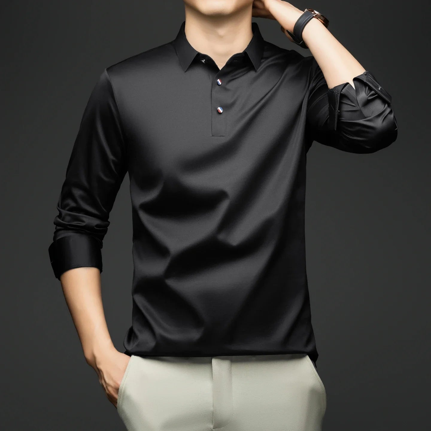 Herren Langarmshirt Business Casual – Elegantes Seiden-Shirt für Arbeit & Freizeit