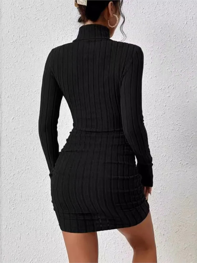 Damen Bodycon Kleid Rollkragen Langarm – Strickkleid Mini Sexy Elegant