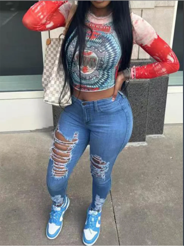 Jean taille haute déchiré pour femme – Pantalon en denim usé avec poches