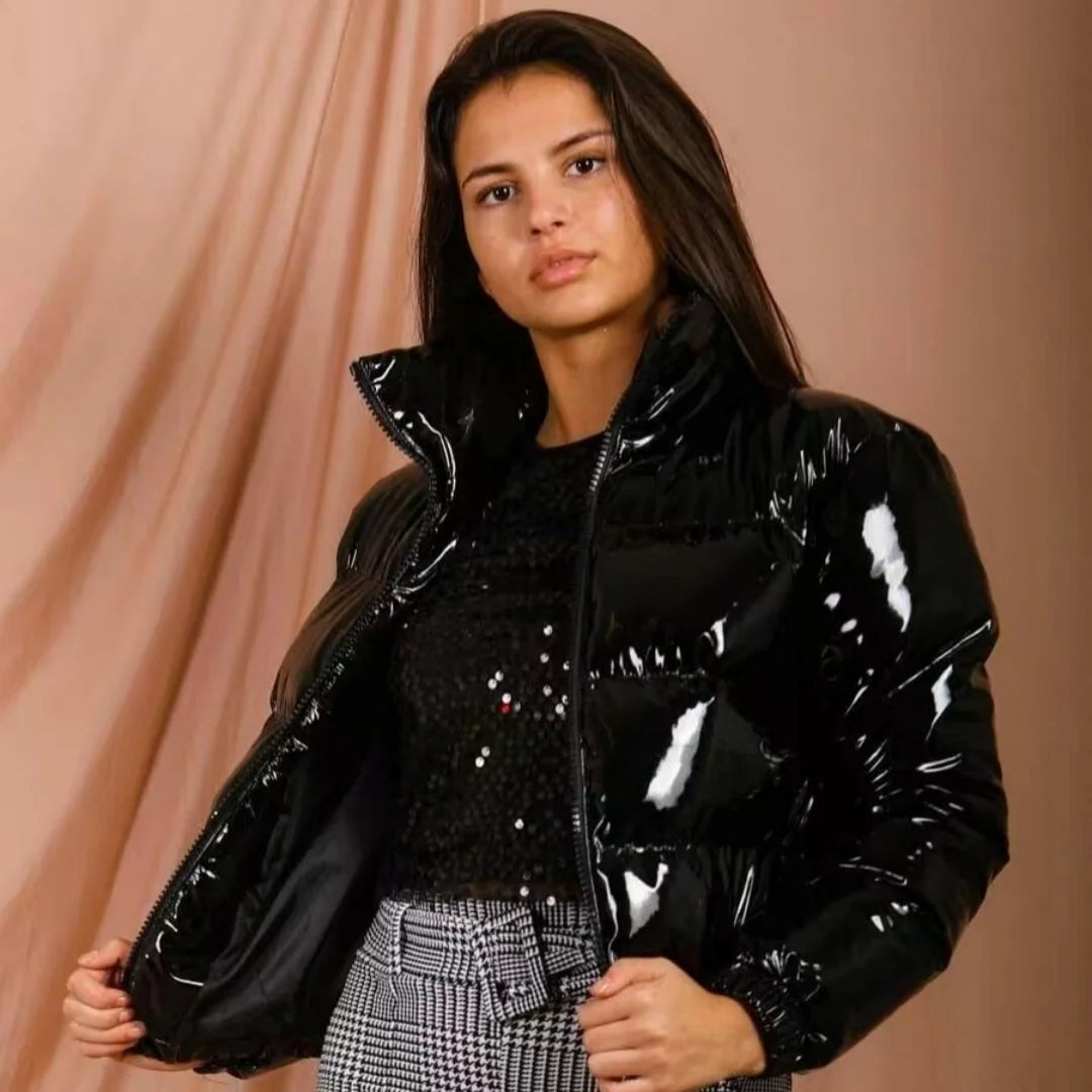Women's Crop Puffer Jacket – Short Winter Jacket with Zipper, Cotton