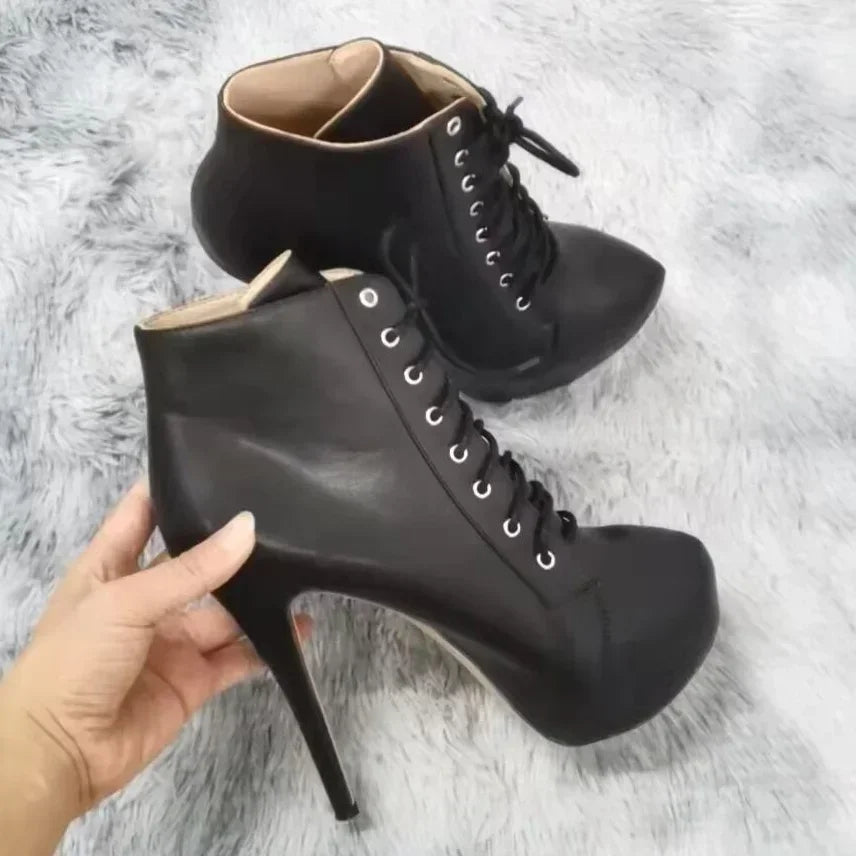 Damen Plateau-Stiefeletten High Heels 14cm - Elegante Schnür-Pumps