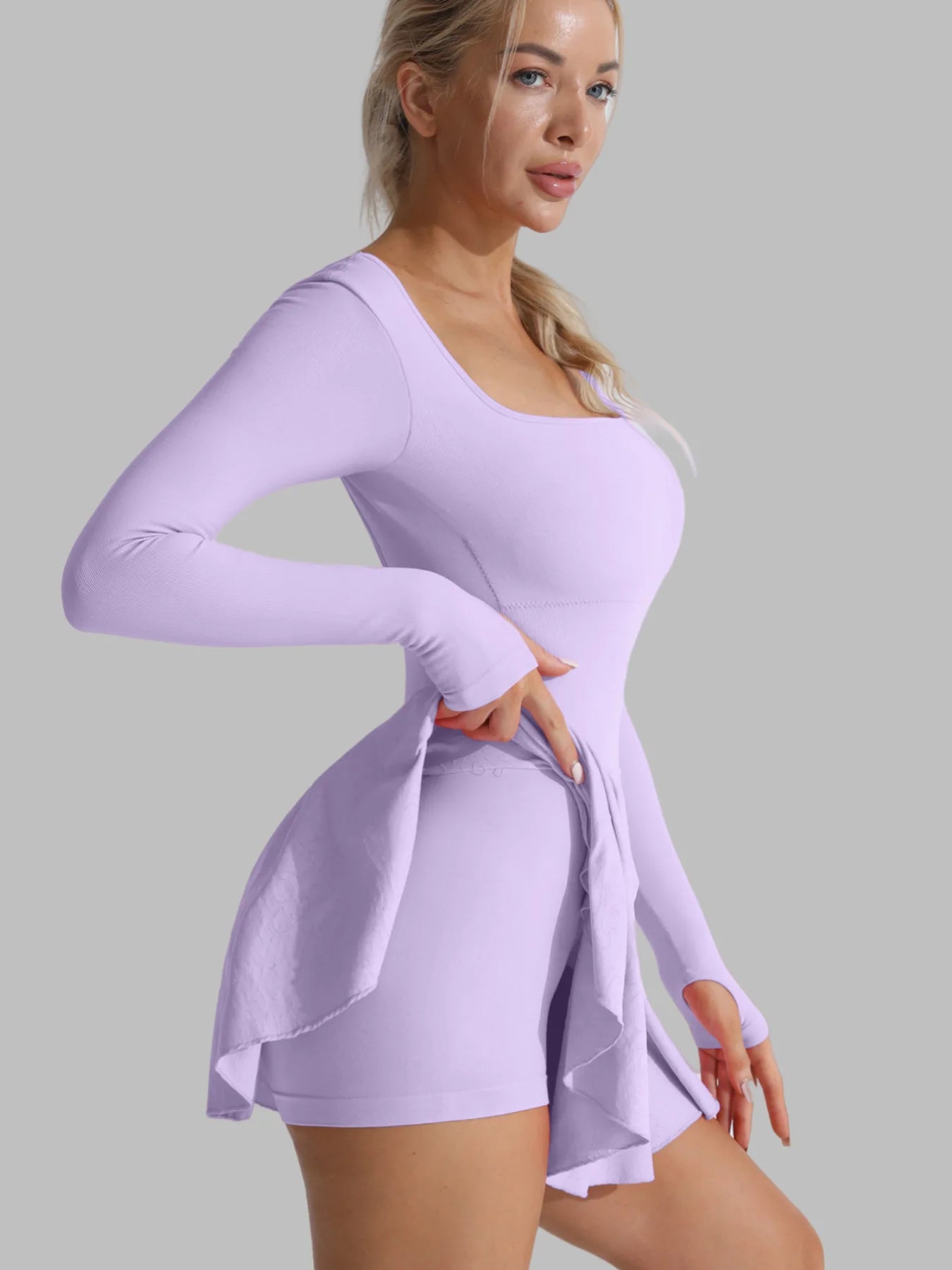Damen Tennis Set Langarm – Sport Kleid mit Shorts Rückenfrei Sexy
