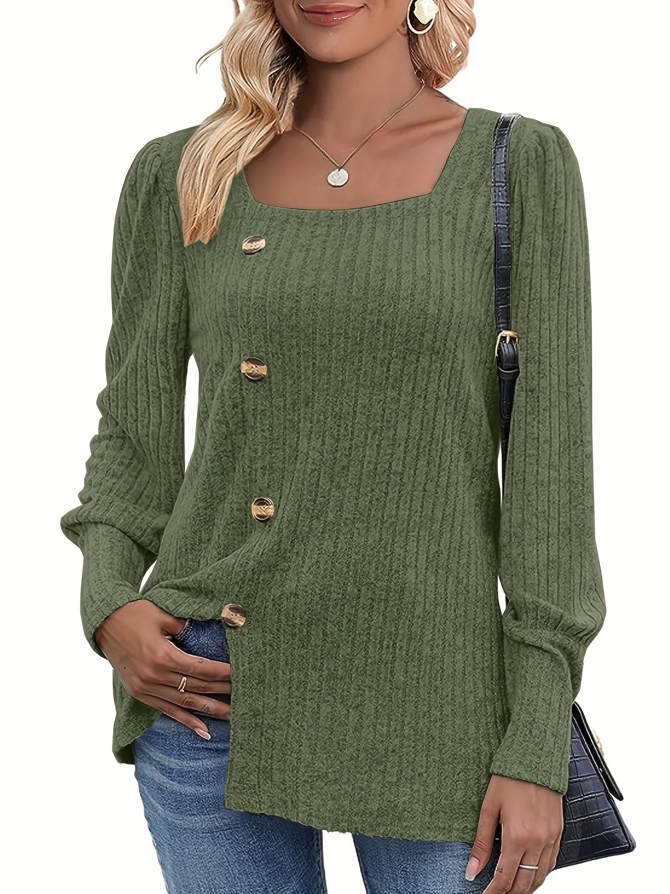 Damen Strickpullover Langarm Quadratischer Ausschnitt – Cardigan mit Knöpfen