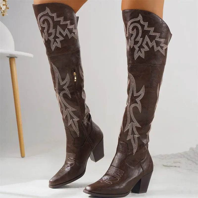 Damen Western Overknee-Stiefel Cowboy - Retro Blockabsatz Langschaftstiefel