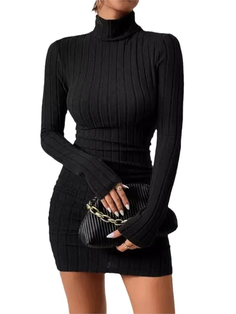 Damen Bodycon Kleid Rollkragen Langarm – Strickkleid Mini Sexy Elegant
