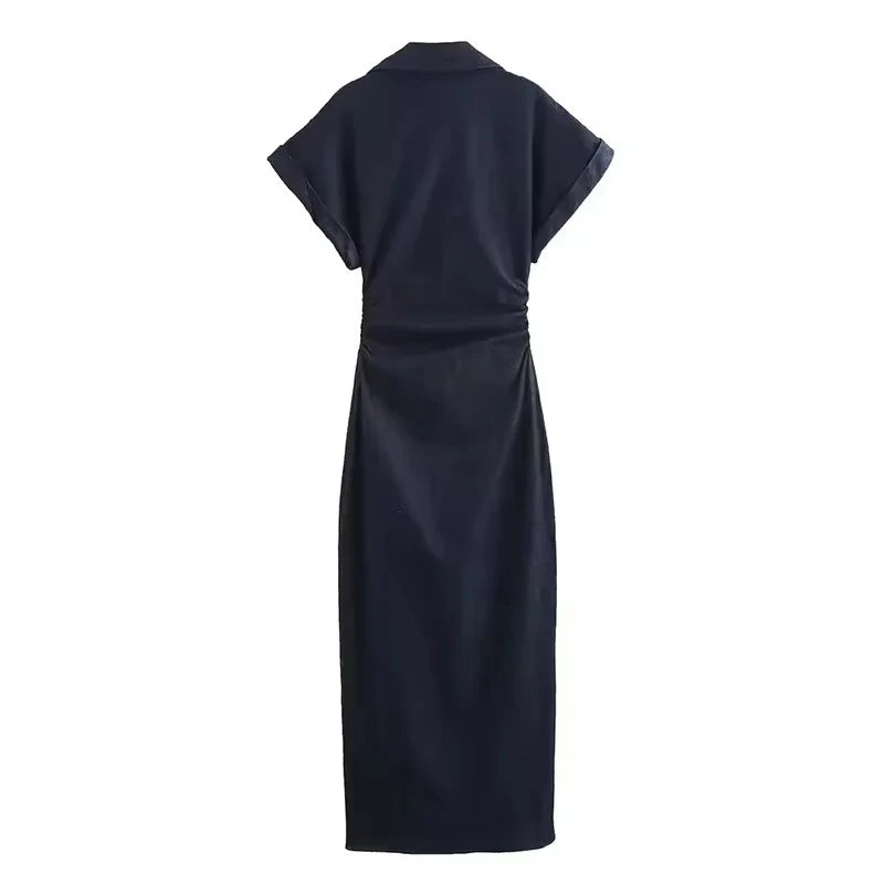 Damen Jeanskleid Midi Kurzarm – Denim Kleid Gerafft Streetwear Casual