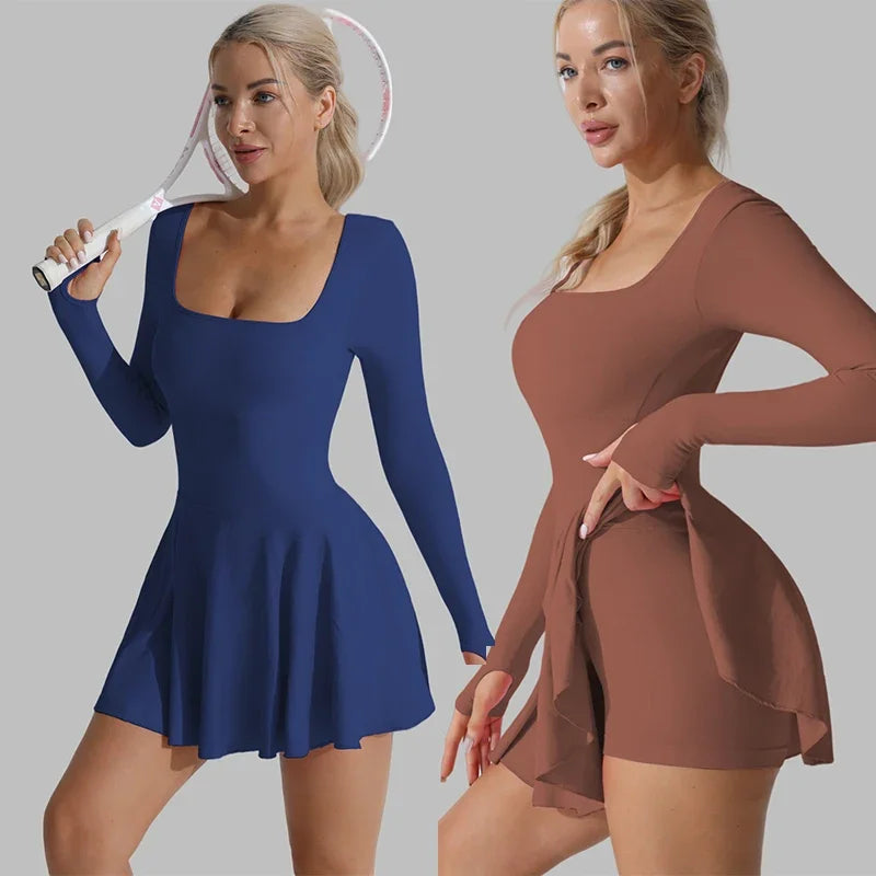 Damen Tennis Set Langarm – Sport Kleid mit Shorts Rückenfrei Sexy