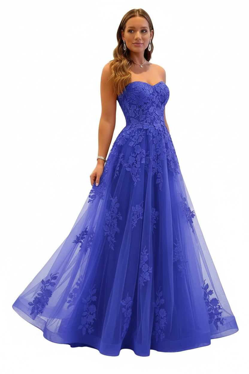 Damen Abendkleid Lang Spitze – Ballkleid A-Linie Tüll mit Schleppe