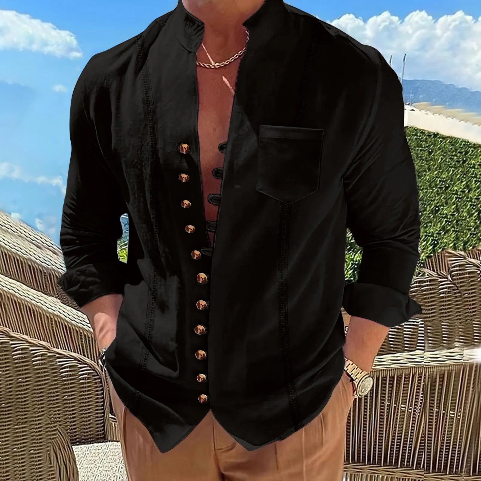 Herren Strickjacke Baumwolle Leinen – Retro Cardigan mit Stehkragen & Taschen