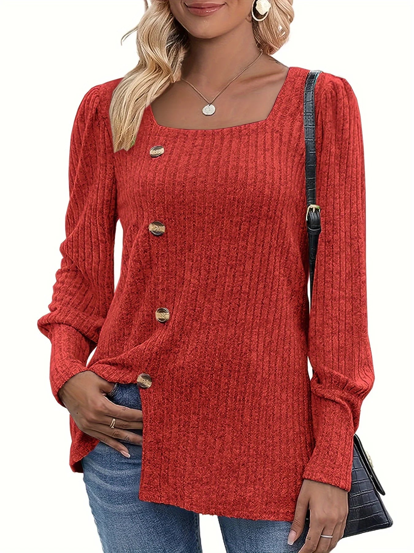 Damen Strickpullover Langarm Quadratischer Ausschnitt – Cardigan mit Knöpfen