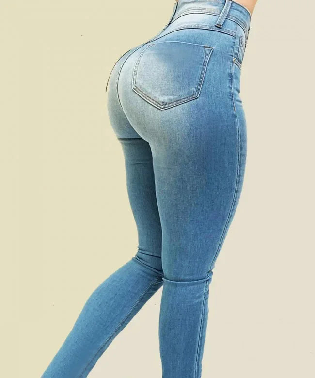 Damen Jeans High Waist Hellblau – Figurformende Denim Hose Streetwear