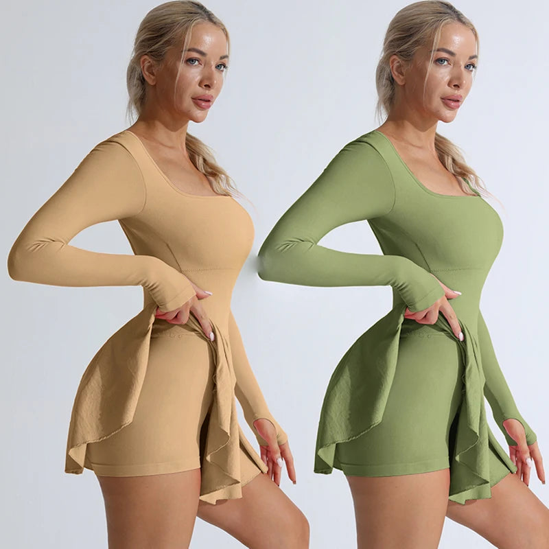 Damen Tennis Set Langarm – Sport Kleid mit Shorts Rückenfrei Sexy