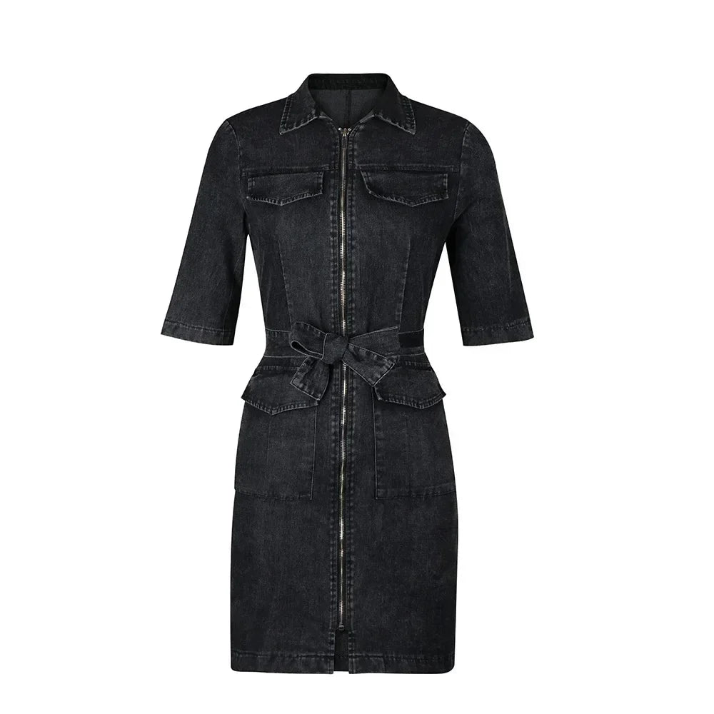 Damen Denim Kleid Mini Kurzarm – Jeans Kleid mit Gürtel Slim Fit