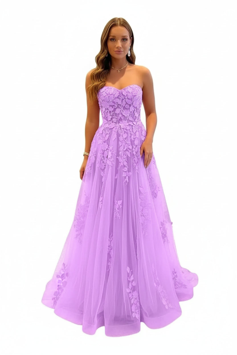 Damen Abendkleid Lang Spitze – Ballkleid A-Linie Tüll mit Schleppe