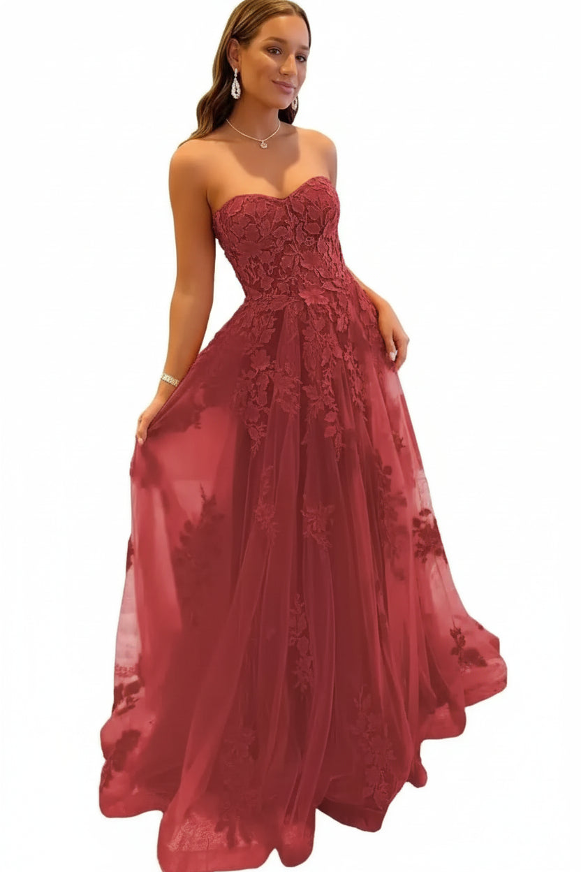 Damen Abendkleid Lang Spitze – Ballkleid A-Linie Tüll mit Schleppe
