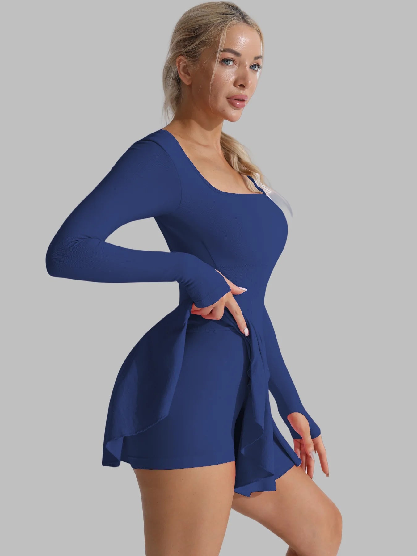 Damen Tennis Set Langarm – Sport Kleid mit Shorts Rückenfrei Sexy