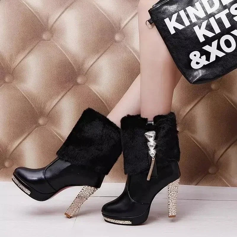 Damen Winter Plateau-Stiefeletten Wasserdicht - Strass High Heels Ankle Boots