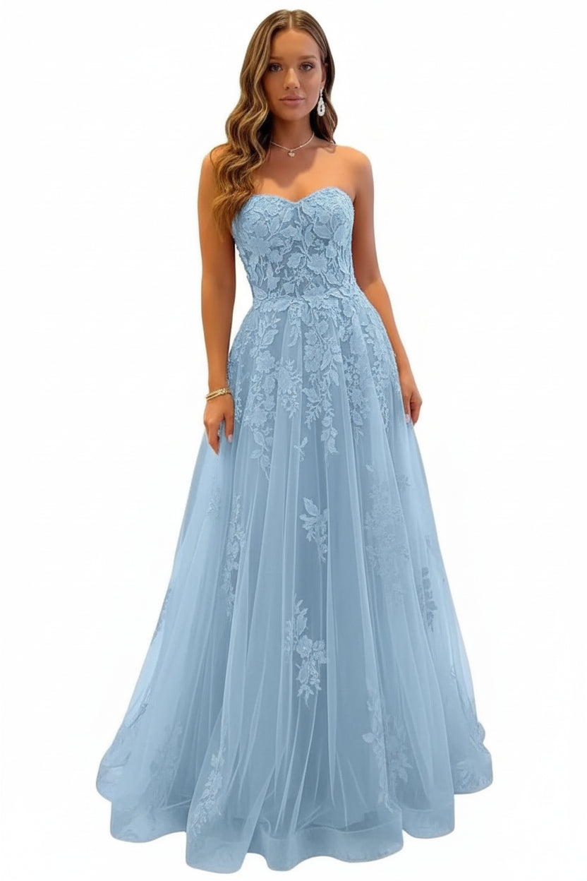 Damen Abendkleid Lang Spitze – Ballkleid A-Linie Tüll mit Schleppe
