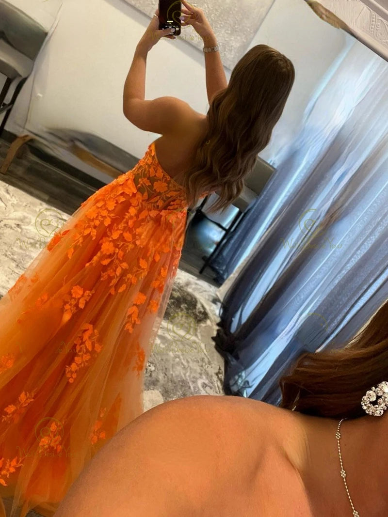 Damen Abendkleid Lang Spitze – Ballkleid A-Linie Tüll mit Schleppe